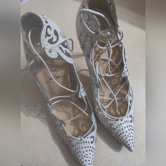 Christian Louboutin Sylvieta Lasercut White Lace-Up Heels US6.5 37 - Picture 3 of 12